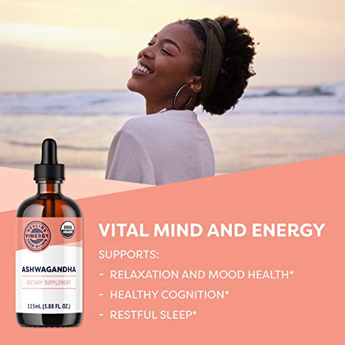 VIMERGY USDA Organic Ashwagandha Liquid Extract, 57 Servings Stress Supplement Drops  Adaptogen - Supports Cognitive Function  Sleep Support  Alc