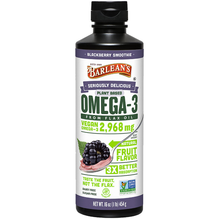 Barlean's Vegan Omega 3 6 9 Flaxseed Oil Liquid Supplement, BlackBerry Smoothie, Flax Seed Oil, 2,968 mg ALA Fatty Acid, Non-GMO and Gluten Free, 16