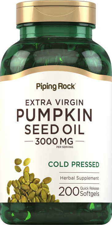 Piping Rock Pumpkin Seed Oil Softgel Capsules | 3000mg | 200 Count | Cold Pressed Herbal Supplement | Extra Virgin | Non-GMO, Gluten Free
