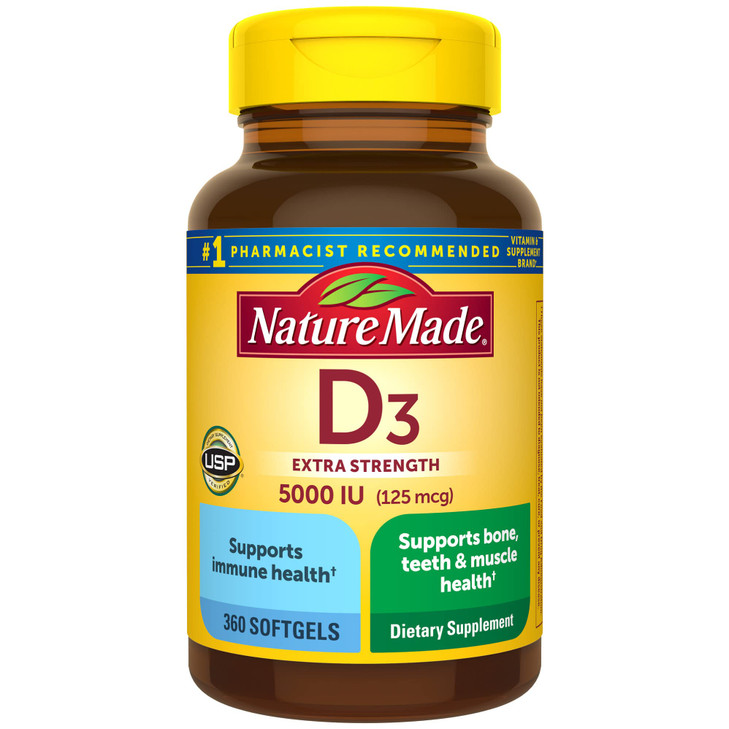 Nature Made Vitamin D3 5000 IU (125 mcg) Softgels, Extra Strength Vitamin D Supplement for Bone and Immune Health Support, 360 Count, 360 Day Supply