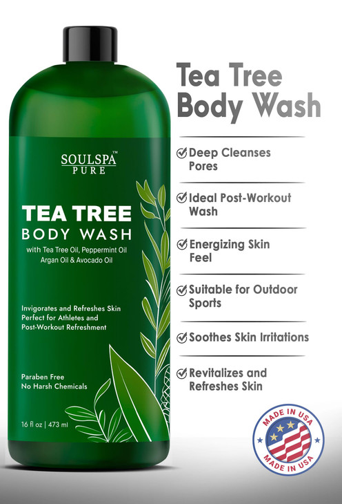 SOULSPA PURE Tea Tree Body Wash Men & Women - Shower Gel Soap with Peppermint - Helps with Body Odor, Soothes Itching, Deep Cleansing Post Workouts -