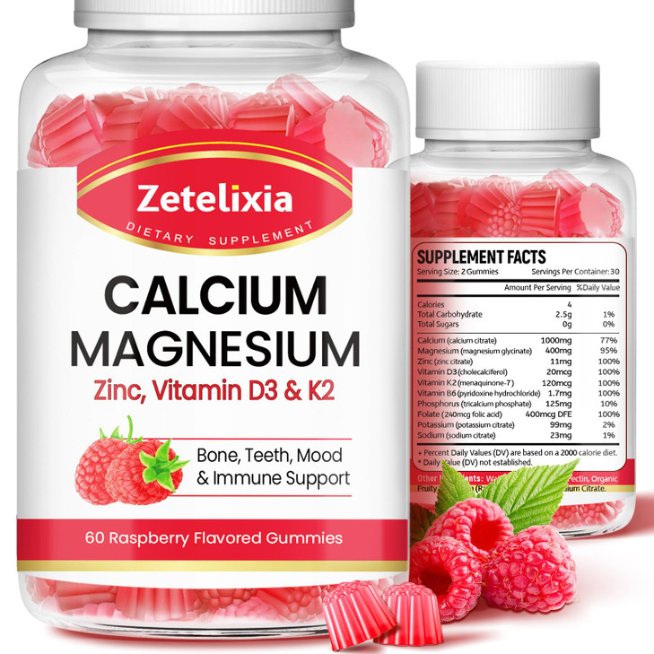 Zetelixia Calcium Magnesium Zinc Gummies with Vitamin D3 & K2, Calcium Gummies for B0nes Muscles, Women & Men, Raspberry Flavor - 120 Count