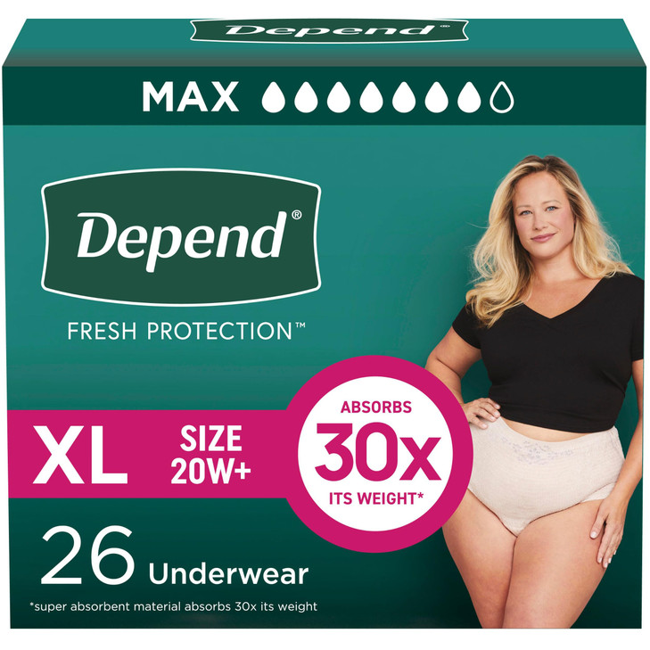 Depend Fresh Protection Adult Diapers, Incontinence & Postpartum Bladder Leak Underwear for Women, Disposable, Maximum, Extra-Large, Blush, 26 Count,