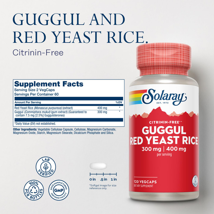 SOLARAY Guggul Gum Extract & Red Yeast Rice - Healthy Cardiovascular Function Support - Lab Verified - 60 Servings, 120 VegCaps