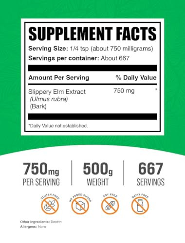 BulkSupplements.com Slippery Elm Bark Extract Powder - Slippery Elm Powder, Sourced from Ulmus Rubra Bark - Gluten Free, 750mg per Serving, 500g (1.1
