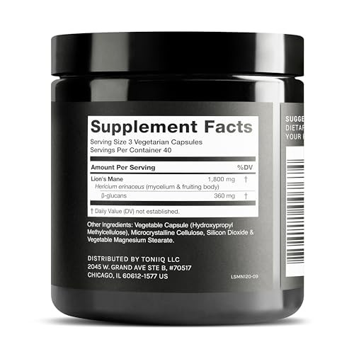 Toniiq Lions Mane Supplement Capsules  Standardized >20% Beta-Glucans - Full-Spectrum Fruiting Body + Mycelium - USA-Grown - Third-Party Tested - 12