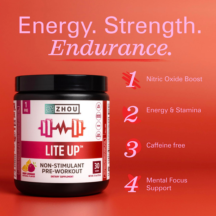 Zhou Lite Up - Non Stim Powder, Nitric Oxide Stim Free Supplement for Men & Women, Caffeine Free Boost, Clean Formula - Berry Lemonade Flavor, 7.5 oz