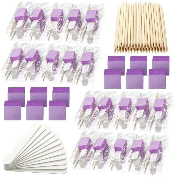 Leelosp 120 Sets Disposable Manicure Kit Basics 3 Pieces Nail Kit, White Wood Nail File 180/180 Grit, Purple Mini Buffer 100/100 Grit, Individually P