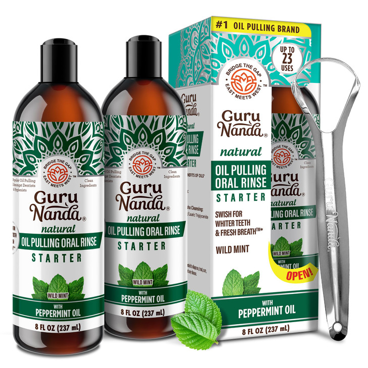 GuruNanda Starter Pulling Oil Mouthwash for Natural Teeth Whitening, Coconut and Peppermint Oil for Fresh Breath & Happy Gums, with Tongue Scraper, A