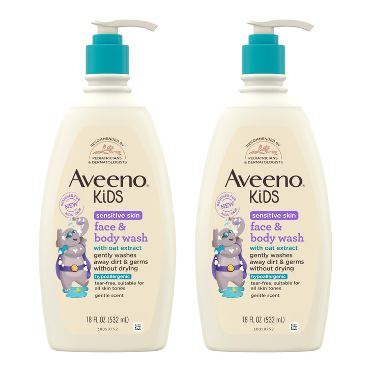 Aveeno Kids Sensitive Skin Face and Body Wash with Oat Extract, Gently Washes Away Dirt and Germs Without Drying, Tear-Free, Hypoallergenic Kids Body