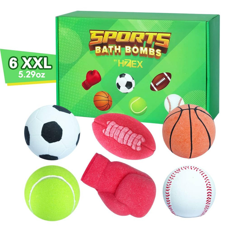 HZEX Sports Themed Bath Bombs Gift Set  6 Piece Novelty Fizzy Balls with Basketball, Tennis, Baseball, Soccer, Football & Boxing  Fun Spa Kit for K