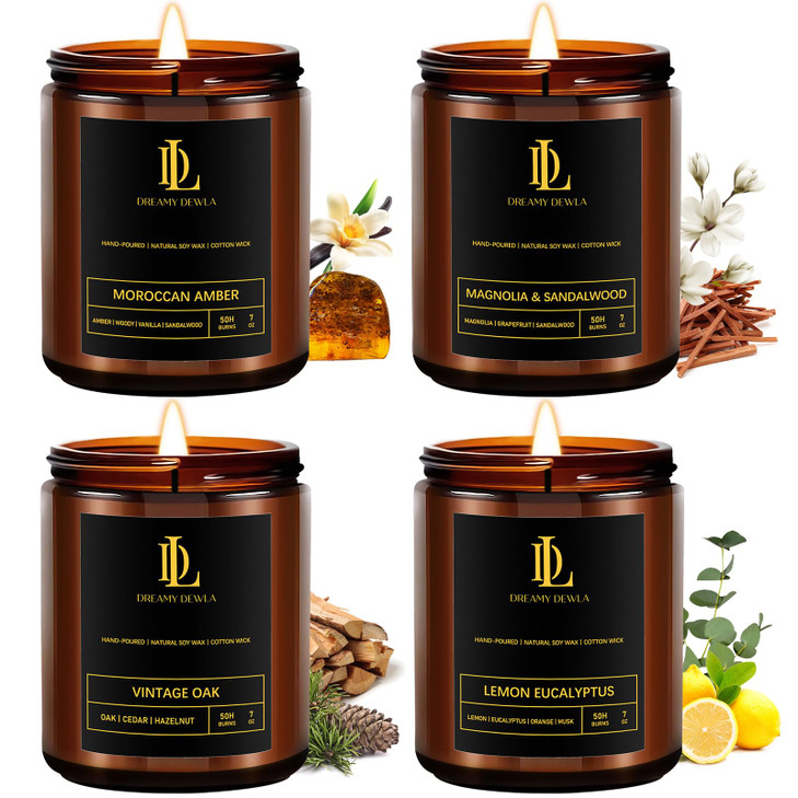 Scented Candles Set, Soy Candles for Home Scented, 4 Pack 28oz Valentine's Day Candle Gifts for Men Women, Scents of Magnolia & Sandalwood/Moroccan A