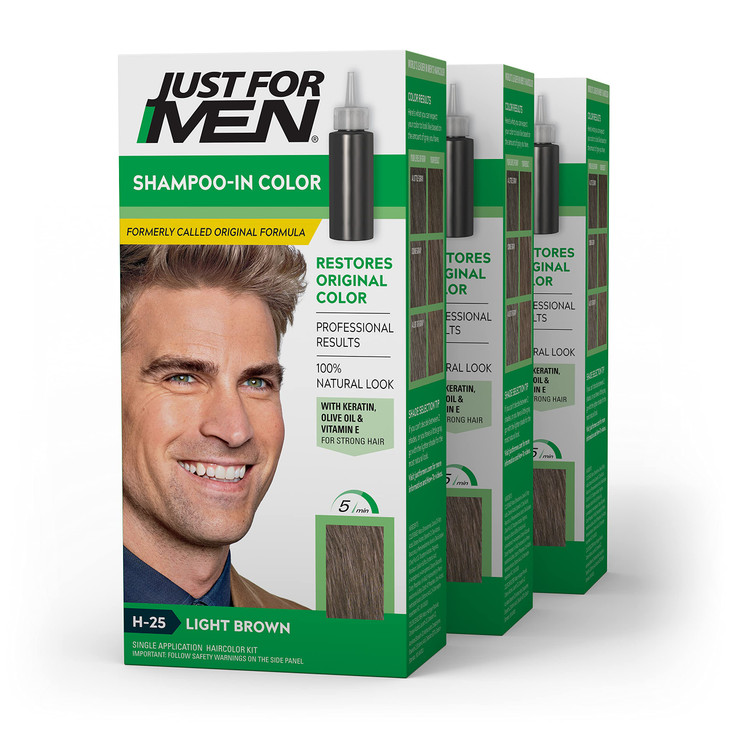 Just For Men Shampoo In Color, Hair Color for Men with Keratin and Vitamin E for Stronger Hair, Restores Natural Hair Color, Light Brown, H-25, Pack
