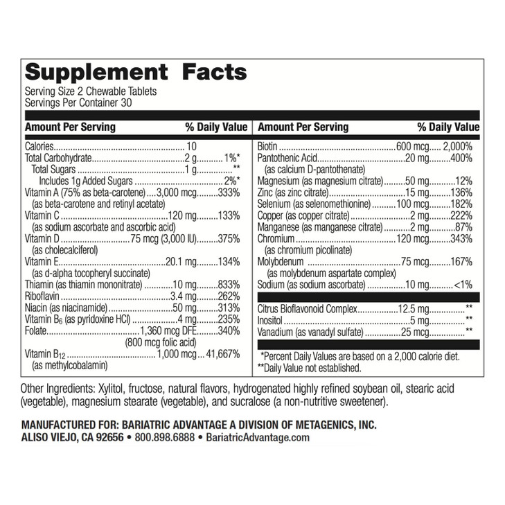 Bariatric Advantage Chewable Essential Multivitamin Without Iron - 200 DV of Key Nutrients - Trace Mineral Support* - Multivitamins for Bariatric Pat