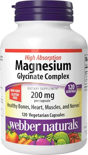 Webber Naturals Magnesium Glycinate Complex 200 mg, 120 Vegetarian Capsules, High Absorption Formula, Supports Bones, Heart, Muscles & Nerves, One-pe