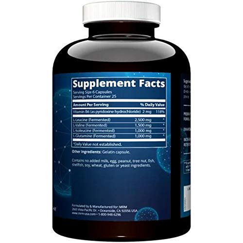 MRM Nutrition BCAA+ 6000mg | Muscle Recovery | 6g Branch Chain Amino Acids per Capsule | with L-Glutamine | Premium Formula | Gluten-Free | 25 Servi