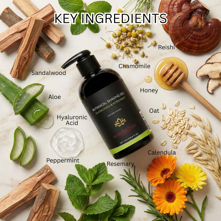 Botanical Shaving Gel, Sandalwood & Peppermint, 8oz All Natural Skin Care. For Smooth Gentle Shave.