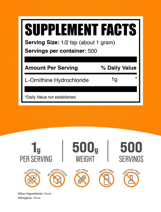 BulkSupplements.com L-Ornithine HCl Powder - Ornithine Supplement, Amino Acids Supplement - Gluten Free, 1g per Serving, 500g (1.1 lbs) (Pack of 1)