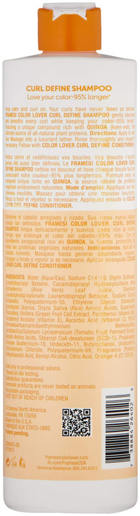 FRAMESI Color Lover Curl Define Shampoo, 16.9 fl oz, Shampoo for Curly Hair with Quinoa and Aloe Vera, Color Treated Hair