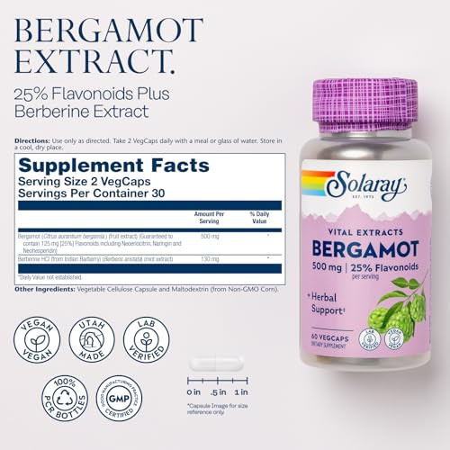 SOLARAY Bergamot 500 mg - Citrus Bergamot Supplement for an Active Lifestyle - Standardized to 25% Flavonoids - with Berberine HCl from Indian Barber