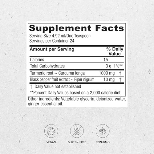 Vitanica, Turmeric Tonic, Non-GMO Liquid Turmeric Curcumin Supplement 1000 mg, with Black Pepper and Ginger, Antioxidant, Vegan, Gluten Free, 4 Ounce