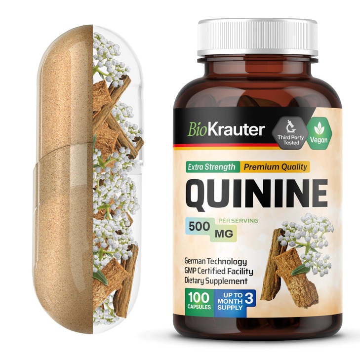 BIO KRAUTER Quinine for Leg Cramps Capsules 500 mg - 100 Count - Cinchona Bark Powder - Quinine Capsules - Vegan, No Fillers