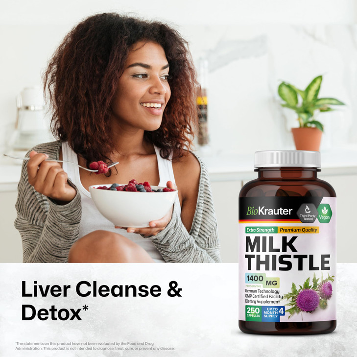 BIO KRAUTER Milk Thistle Capsules 1400 mg - 250 Count - Liver Detox & Cleanse Supplement - Vegan Silymarin Capsules - Milk Thistle Powder - Non GMO