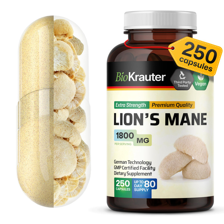 BIO KRAUTER Lions Mane Supplement Capsules 1800 mg - 250 Count - Vegan Lions Mane Powder Supplement for Brain Support - 3 Month Supply - No Fillers