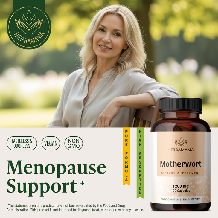 HERBAMAMA Motherwort Capsules  Natural Menopause Supplements* for Women  1,200mg Motherwort Herb Powder per Serving for Women's Mood & Calm Support