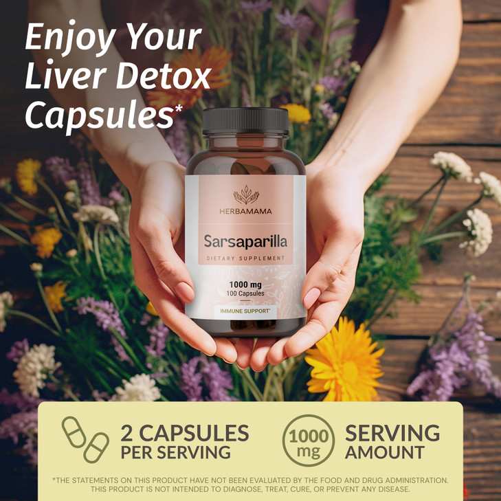 HERBAMAMA Sarsaparilla Root Capsules - 1000mg Sarsaparilla Powder for Herbal Liver Cleanse Support - Vegan, Non-GMO Smilax Liver Supplement