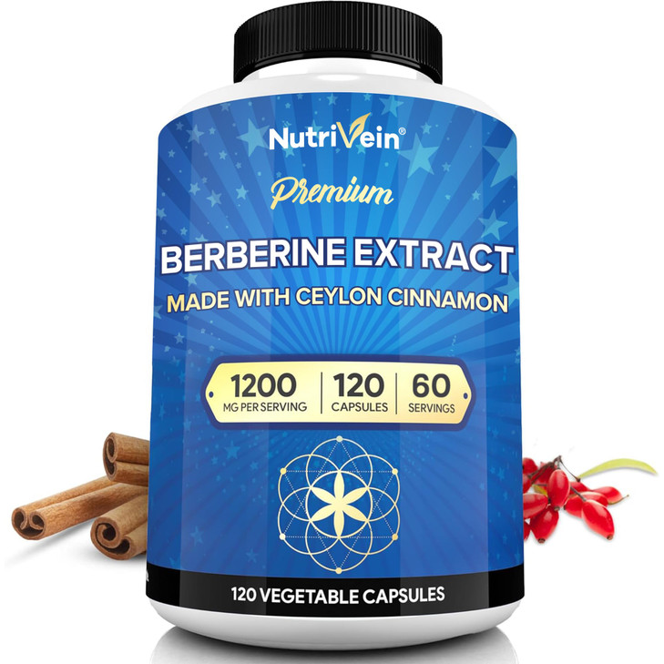 Nutrivein Premium Berberine 1200 mg with Ceylon Cinnamon - 120 Capsules: High-Absorption Berberine Supplement for Defenses, Digestion, & Metabolism