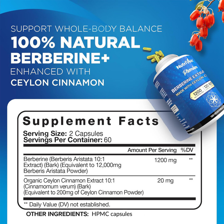 Nutrivein Premium Berberine 1200 mg with Ceylon Cinnamon - 120 Capsules: High-Absorption Berberine Supplement for Defenses, Digestion, & Metabolism