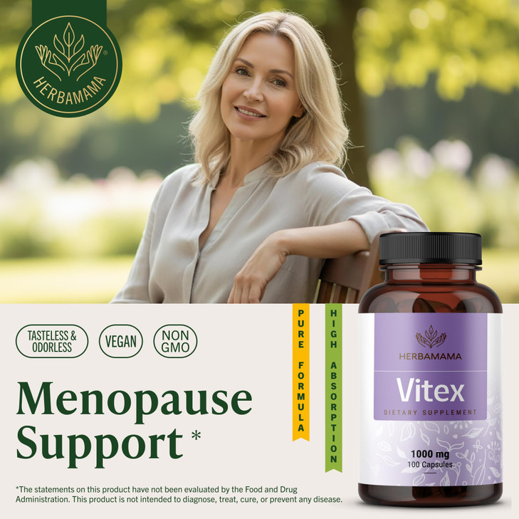 HERBAMAMA Vitex Berry Capsules  Natural Menopause Supplements* for Women  1000mg Vitex Chasteberry Fruit per Serving for Menopause Support*  Vegan