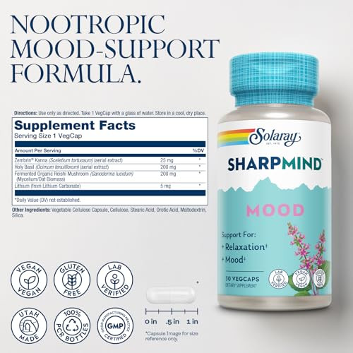SOLARAY SharpMind Mood Support Supplement, Nootropic for Relaxation and Emotional Well-Being, Zembrin, Holy Basil, Lithium 5mg, Organic Reishi Mushro