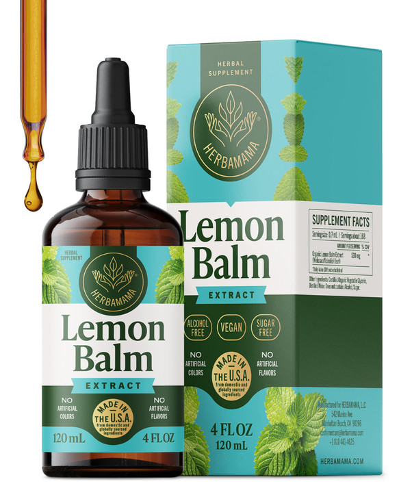 HERBAMAMA Lemon Balm Tincture - Vegan Relaxation Support with Lemon Balm Extract - Melissa Officinalis Liquid Supplement Drops - Non-GMO, Alcohol & S