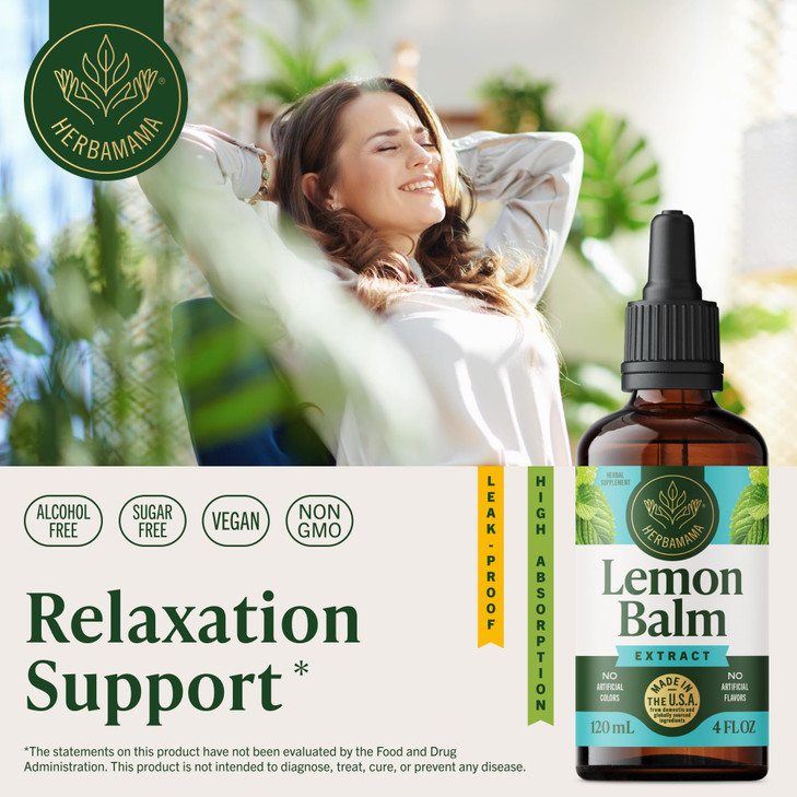 HERBAMAMA Lemon Balm Tincture - Vegan Relaxation Support with Lemon Balm Extract - Melissa Officinalis Liquid Supplement Drops - Non-GMO, Alcohol & S