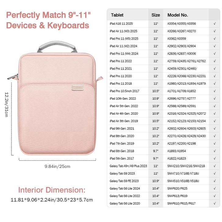 MoKo 9-11 Inch Tablet Sleeve Bag Handle Carrying Case with Shoulder Strap Fits New 11-inch iPad Pro M4/iPad Air M2, iPad 10th 10.9, iPad 9/8/7th 10.2