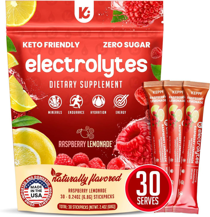 Keppi Electrolytes Powder Packets  Raspberry Lemonade 30 Servings  No Sugar Hydration Supplement with Potassium, Magnesium, Sodium  Keto, Vegan, F