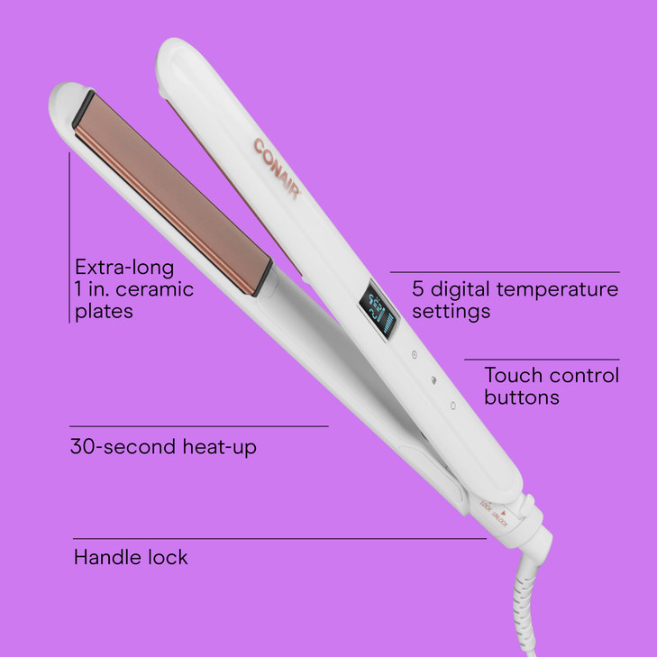 Conair Double Ceramic Flat Iron, 1-Inch Flat Iron, 5 Digital Temp Settings Up to 410°F, Extra-Long Plates, For All Hair Types and Textures, White