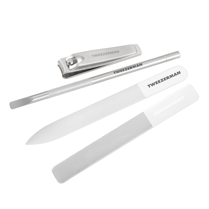 Tweezerman Glass Manicure Set Includes Nail Clipper, Cuticle Pusher, Glass Nail File, and Nail Buffer