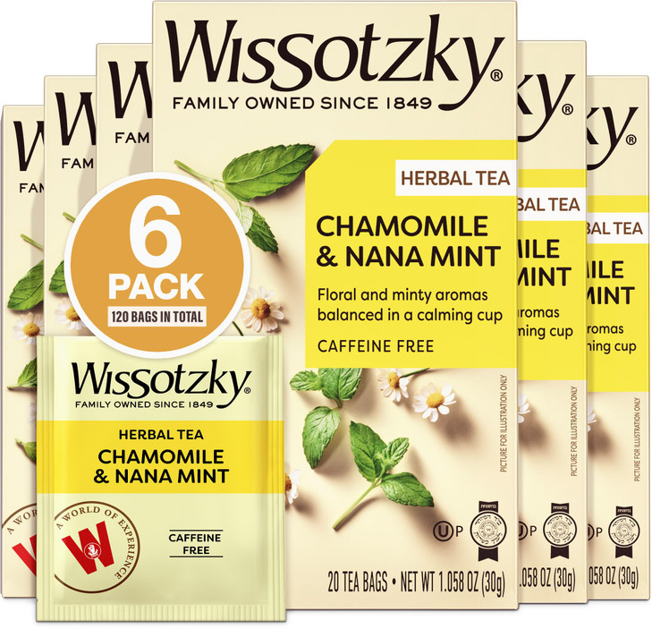 Wissotzky Chamomile Tea with Nana Mint (6 Pack = 120 Tea Bags) Caffeine Free, Rich Tasting & Invigorating, All Natural Flavors
