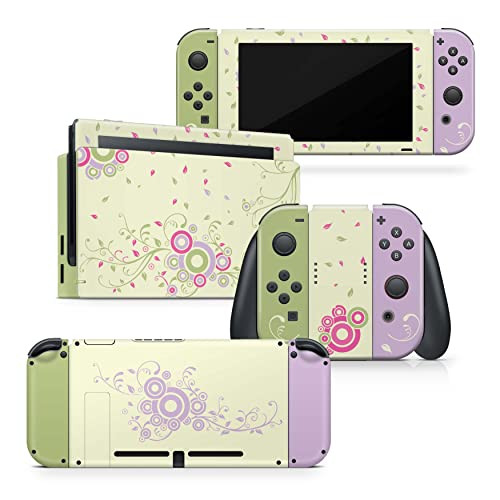 Tacky Design Flowers Skin Compatible with Nintendo Switch Skin Wrap Cover, Green and Purple Skin for Nintendo Switch Stickers, Premium Vinyl 3M Full