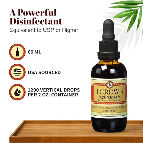 J.CROW'S® Lugol's Solution of Iodine 2% 2 oz (1 Bottle)  Premium Iodine & Potassium Iodide Liquid, Gluten &, Alcohol-Free Natural Brine Extract, No