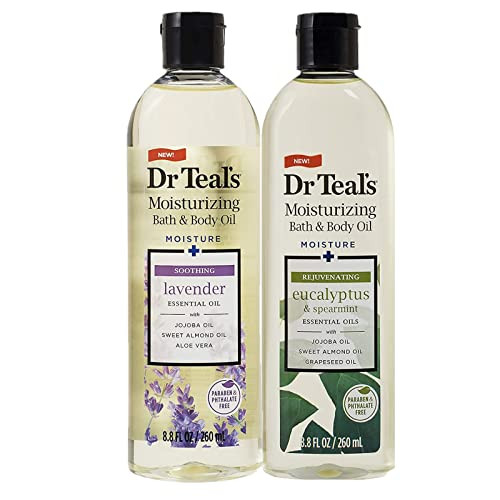 Dr. Teals Bath & Body Oil Variety Gift Set (2 Pack, 8.8oz Ea.) - Soothing Lavender & Rejuvenating Eucalyptus & Spearmint - Essential Oils Hydrate Ski