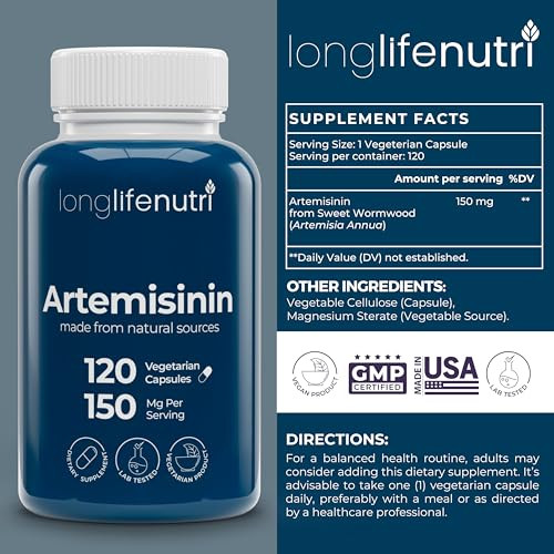 LongLifeNutri Artemisinin 150mg - Extracted from Sweet Wormwood, 120 Vegetarian Capsules, Organic Artemisia Annua Supplement for Daily Detox, 4-Month