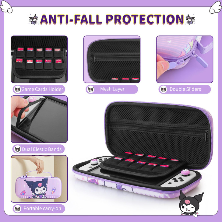 HYPERCASE Purple NS/OLED Switch Carrying Travel Bag, Cute Hard Shell Switch Case for NS/OLED Console, Controller Grip, Accessories Storage, with 10 C