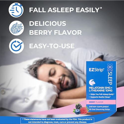 EZStrip Sleep Aid Supplement - Berry Flavor, 30 Count - Dissolving Sleep Strips with Melatonin and L Theanine for Support with Falling Asleep - Made