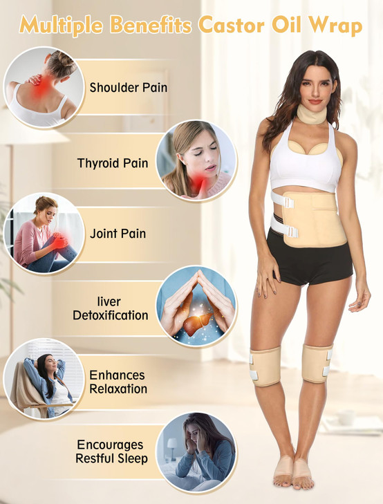 Castor Oil Pack Wrap, 9pcs Reusable Organic Cotton Castor Oil Pack Kit for Shoulder Neck Waist Chest Knee and Feet - Adjustable Compress Castor Oil W