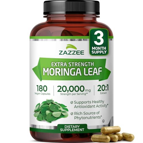 Zazzee Organic Moringa 20:1 Extract, 20,000 mg Strength, 180 Vegan Capsules, 100% Pure Oleifera Leaf Superfood, Concentrated and Standardized 20X Ext