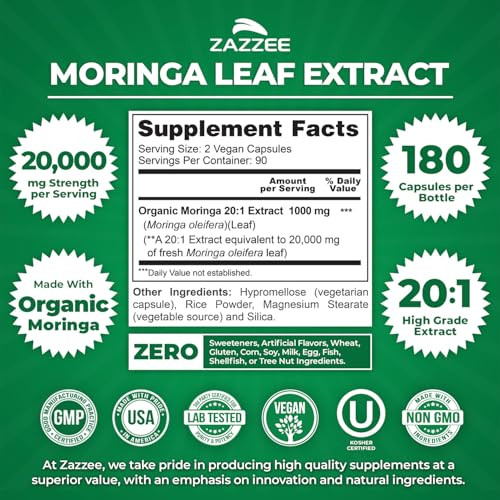 Zazzee Organic Moringa 20:1 Extract, 20,000 mg Strength, 180 Vegan Capsules, 100% Pure Oleifera Leaf Superfood, Concentrated and Standardized 20X Ext